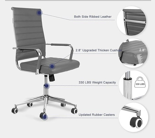 Humanspine Ergonomic Office Desk Chair, Modern PU Leather Conference Room Chairs Ribbed, High Back Executive Swivel Rolling Chair for Home, Office, Gray