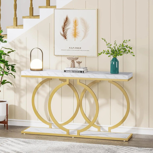 Mariso Gold Console Table 55 in Faux Marble Entryway Table by ModSavy