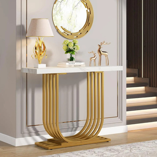 Vazon Console Table with Gold Base 39.4 In Faux Marble Entryway Foyer Table by ModSavy