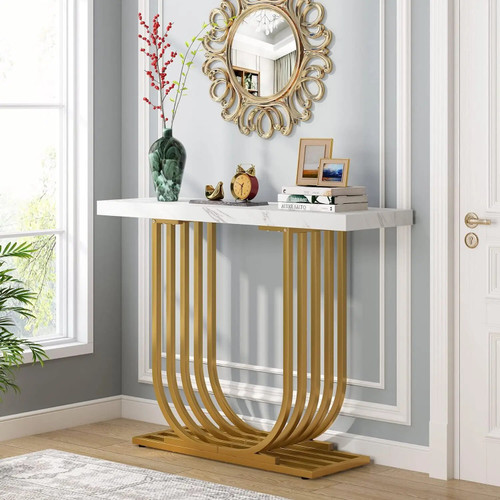 Vazon Console Table with Gold Base 39.4 In Faux Marble Entryway Foyer Table by ModSavy