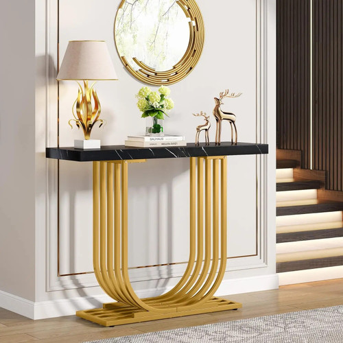 Vazon Console Table with Gold Base 39.4 In Faux Marble Entryway Foyer Table by ModSavy