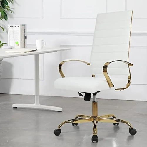 Sopada High Back Chair Gold Trim Whitre Leather by ModSavy