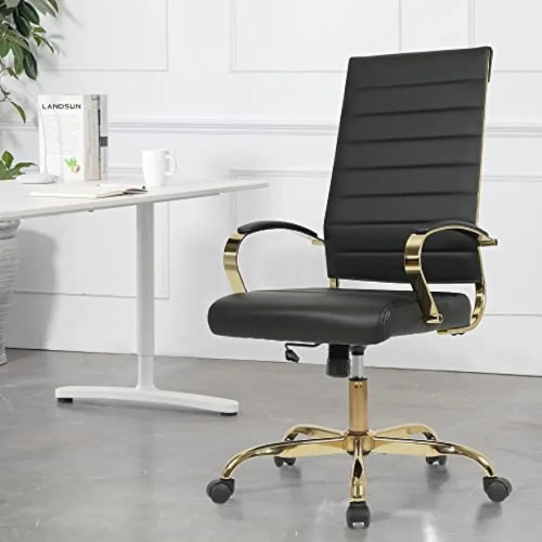 Sopada High Back Chair Gold Trim in Black Leather by ModSavy