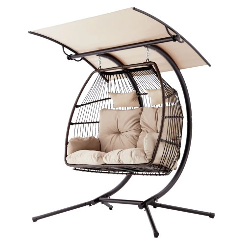 Egg Chair with Stand, Foldable Hanging Chair, Hammock Cushion and Awning