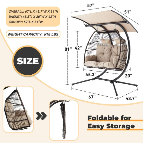Egg Chair with Stand, Foldable Hanging Chair, Hammock Cushion and Awning