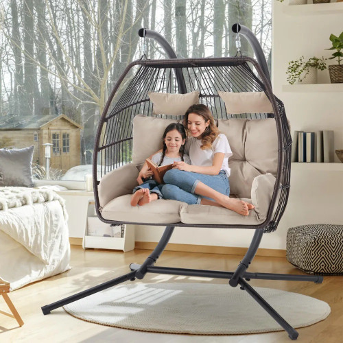 Egg Chair with Stand, Foldable Hanging Chair, Hammock Cushion and Awning