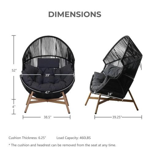 Wicker Egg Chair, Outdoor & Indoor Steel Wicker Nordic Oversized Egg Chairs with Cushion Backyard Back Porch Dark Gray