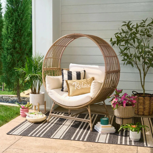 Ball Round Wicker Outdoor Egg Chair, Beige 