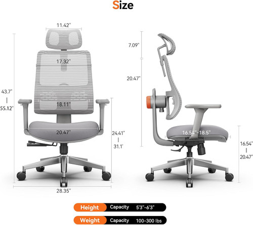 Humanspine Adaptive Office Chair, Lumbar Support, Adjustable Headrest, Seat Depth Adjustment, 96°-126° Tilt Function, 4D Armrest for Office Gray