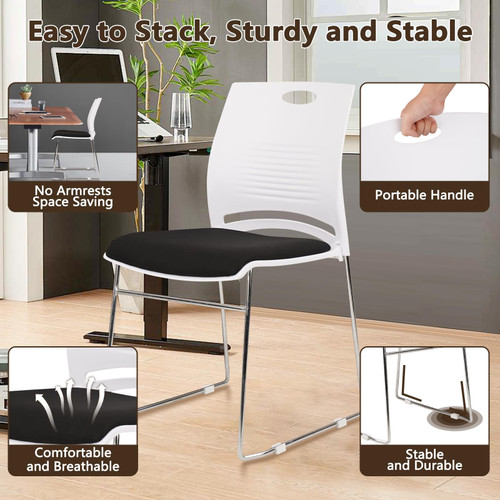 Stacking Home Office Guest Chair, Reception Stackable Chairs with Metal Sled Base, Conference Lobby Waiting Training School Kitchen Banquet Chair, Plastic Desk Chairs No Wheels, White, 4 Pack