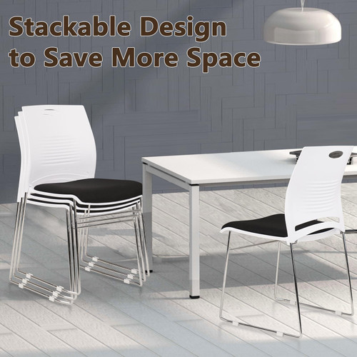 Stacking Home Office Guest Chair, Reception Stackable Chairs with Metal Sled Base, Conference Lobby Waiting Training School Kitchen Banquet Chair, Plastic Desk Chairs No Wheels, White, 4 Pack