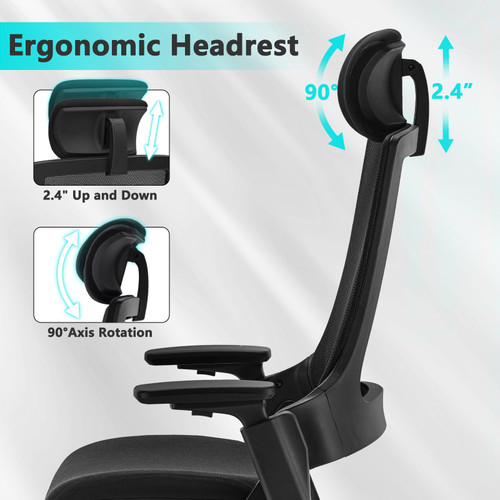 Ergonomic High Swivel Executive Chair with Adjustable Height Head 3D Arm Rest Lumbar Support and Upholstered Back for Home Office Black Mesh/High Back