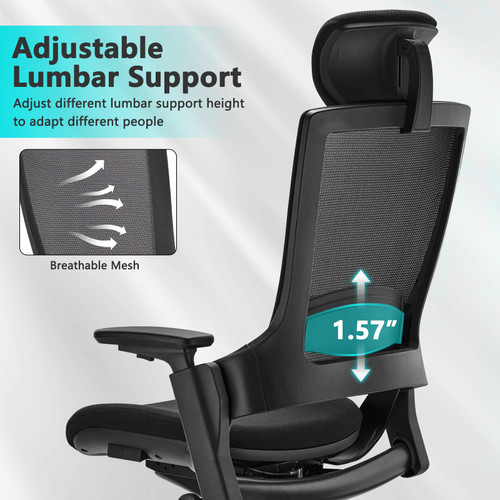 Ergonomic High Swivel Executive Chair with Adjustable Height Head 3D Arm Rest Lumbar Support and Upholstered Back for Home Office Black Mesh/High Back