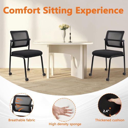 12PK Mesh Stacking Office Desk Chairs with Wheels, Portable Stackable Bulk Waiting Room Armless Chair with Adjustable Back & Fabric Seat for Guest Lobby Side School Church Conference Break