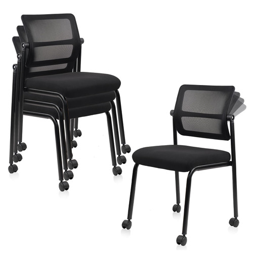 4PK Mesh Stacking Office Desk Chairs with Wheels, Portable Stackable Bulk Waiting Room Armless Chair with Adjustable Back & Fabric Seat for Guest Lobby Side School Church Conference Break