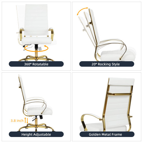 Home Office Chair High Back Executive Chair Ribbed PU Leather Computer Desk Chair with Armrests Soft Padded Adjustable Height Swivel Conference Gold Frame White