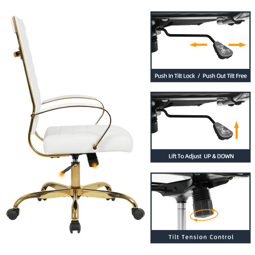 Home Office Chair High Back Executive Chair Ribbed PU Leather Computer Desk Chair with Armrests Soft Padded Adjustable Height Swivel Conference Gold Frame White