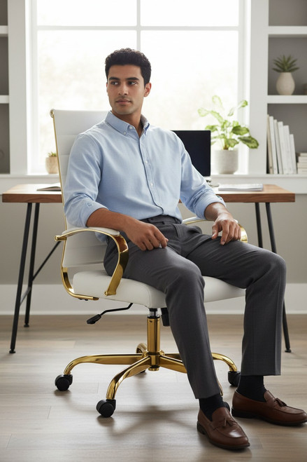 Home Office Chair High Back Executive Chair Ribbed PU Leather Computer Desk Chair with Armrests Soft Padded Adjustable Height Swivel Conference Gold Frame White