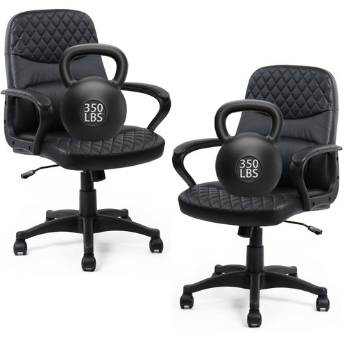 Office Chair - Mid Back Leather Computer Desk Chair with Wheels, Ergonomic Executive Swivel Chair with Lumbar Support, Armrest for Home Office Black, 2 Pack