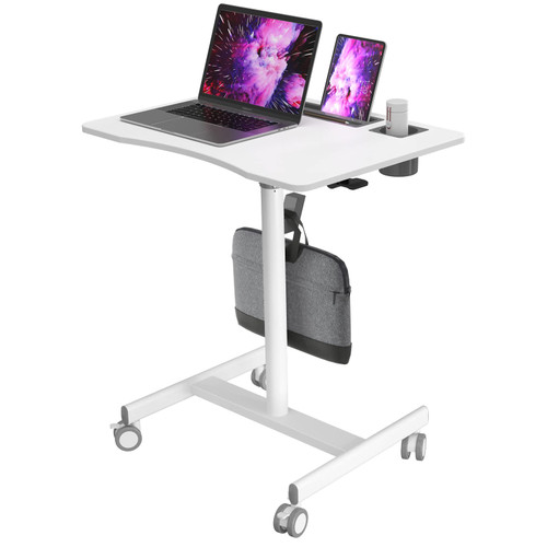 Mobile Standing Desk, 28 inch Rolling Standing Laptop Desk with Cup Holder, Mobile Desk Workstation with Wheels, Portable Computer Desk Cart with Hook for Home Office, White