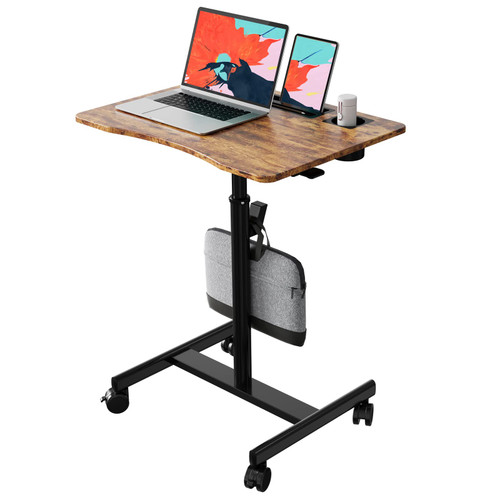 Mobile Standing Desk, 28 inch Rolling Standing Laptop Desk with Cup Holder, Mobile Desk Workstation with Wheels, Portable Computer Desk Cart with Hook for Home Office, Rustic Brown