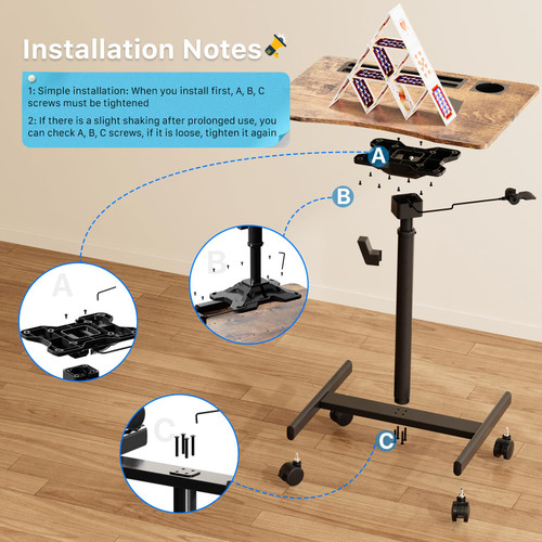 Mobile Standing Desk, 28 inch Rolling Standing Laptop Desk with Cup Holder, Mobile Desk Workstation with Wheels, Portable Computer Desk Cart with Hook for Home Office, Rustic Brown