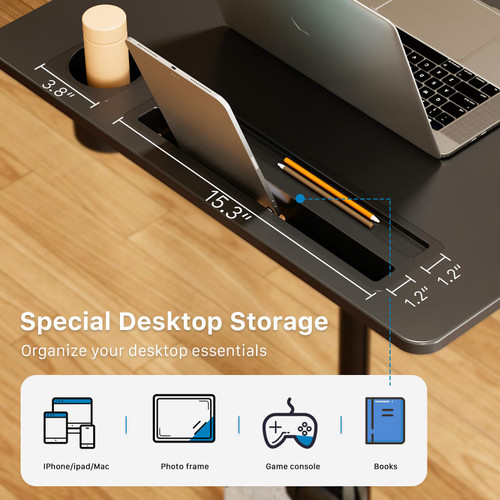 Mobile Standing Desk, 28 inch Rolling Standing Laptop Desk with Cup Holder, Mobile Desk Workstation with Wheels, Portable Computer Desk Cart with Hook for Home Office, Black