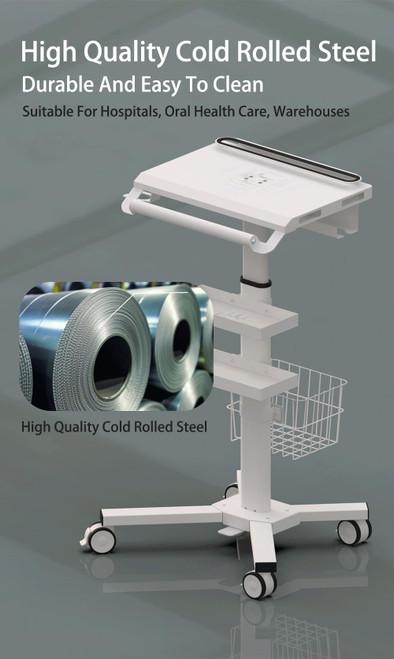 MB-C07 Height Adjustable, Anti-Theft, Anti-Slip Medical Laptop Workstation Trolley Cart With Wheels, Oral Scanner Holder, Basket Storage, Dual Tray | Large Tabletop for Dental Office, Hospital, Clinic