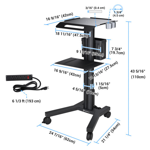 Mobile Laptop Cart Medical Rolling PC Stand Computer Workstation on Wheels with Handle 220 Lbs Capacity CPU Printer Power Strip Holder for Lap School Office Salon Spa Dental