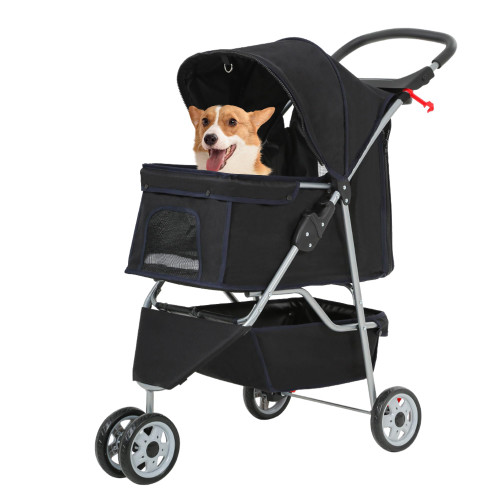 Pet Stroller 3-Wheel Durable Foldable Cat Dog Stroller with Washable Liner Storage Basket Cup Holder,Black