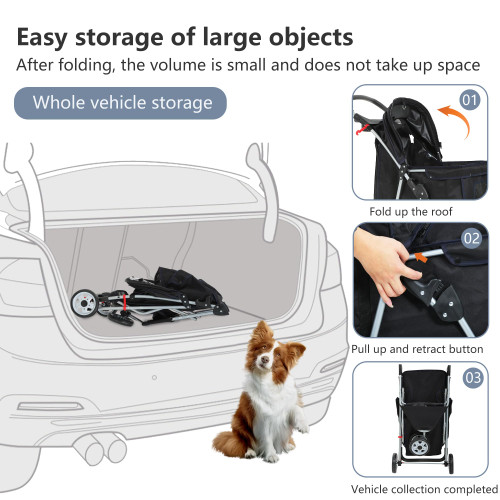 Pet Stroller 3-Wheel Durable Foldable Cat Dog Stroller with Washable Liner Storage Basket Cup Holder,Black