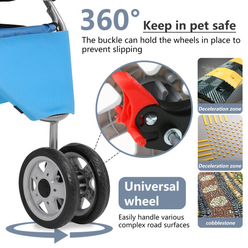 Pet Stroller 3-Wheel Durable Foldable Cat Dog Stroller with Washable Liner Storage Basket Cup Holder,Blue