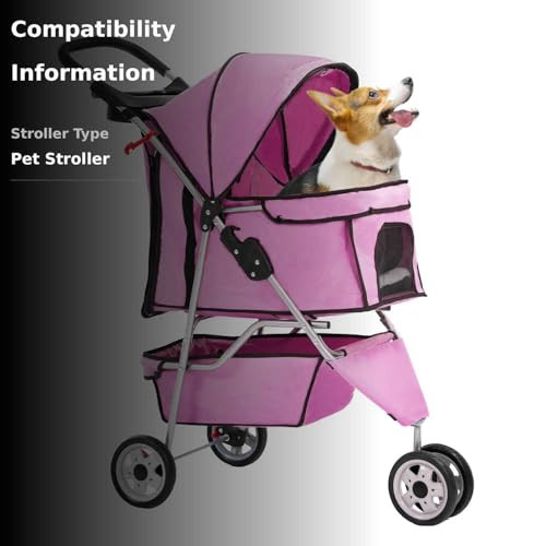 3-Wheel Pet Stroller Foldable Dog Cat Jogger Stroller Durable Travel Folding Carrier with Storage Basket Cup Holder,Peach Pink
