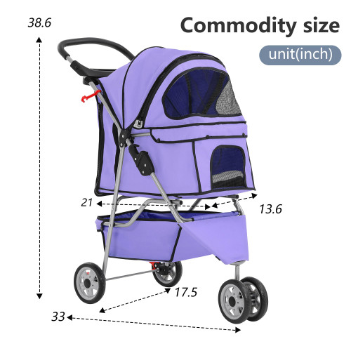 Pet Stroller 3-Wheel Durable Foldable Cat Dog Stroller with Washable Liner Storage Basket Cup Holder,Purple