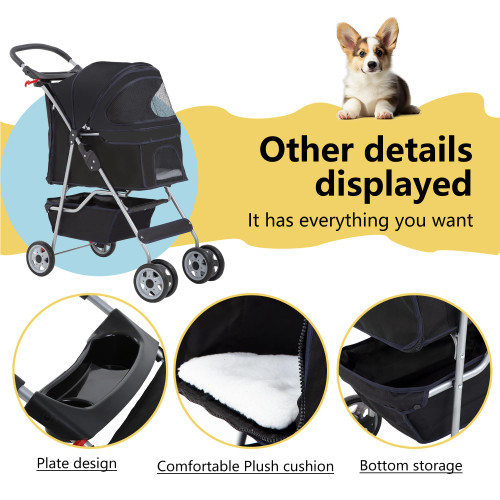 Pet Stroller 4-Wheel Dog Cat Stroller Travel Folding Carrier with Cup Holder and Removable Liner for Small Medium Dogs Cats, Dark Black
