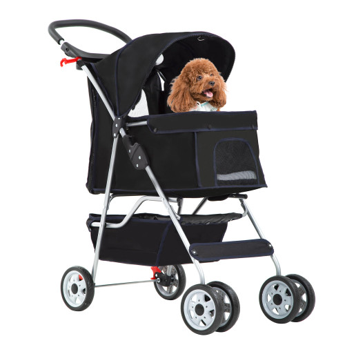 Pet Stroller 4-Wheel Dog Cat Stroller Travel Folding Carrier Puppy Stroller with Cup Holder and Removable Liner for Small Medium Dogs Cats, Black