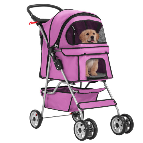 Pet Stroller 4-Wheel Dog Cat Stroller Travel Folding Carrier Puppy Stroller with Cup Holder and Removable Liner for Small Medium Dogs Cats, Pink