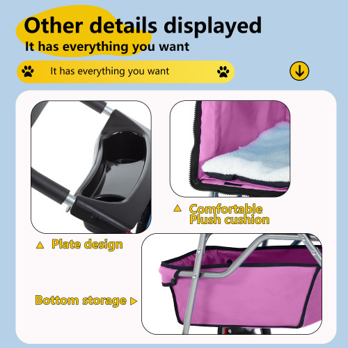 Pet Stroller 4-Wheel Dog Cat Stroller Travel Folding Carrier Puppy Stroller with Cup Holder and Removable Liner for Small Medium Dogs Cats, Pink