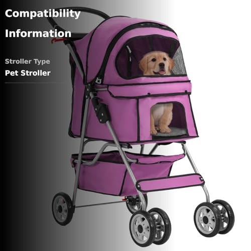 Pet Stroller 4-Wheel Dog Cat Stroller Travel Folding Carrier Puppy Stroller with Cup Holder and Removable Liner for Small Medium Dogs Cats, Pink