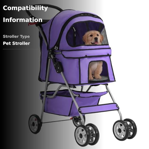 Pet Stroller 4-Wheel Dog Cat Stroller Travel Folding Carrier Puppy Stroller with Cup Holder and Removable Liner for Small Medium Dogs Cats, Purple