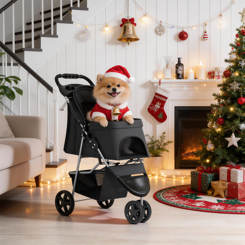 Foldable Pet Stroller with Weather Cover, 3 Wheels Pet Strolling Cart for Small/Medium Dogs and Cats with Storage Basket and Cup Holder, Breathable and Visible Mesh for All-Season, Black