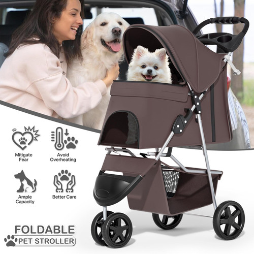 Foldable Dog Strollers for Small Dogs with Weather Cover, 3 Wheels Pet Strolling Cart for Dogs and Cats with Storage Basket and Cup Holder, Breathable and Visible Mesh for All-Season, Coffee