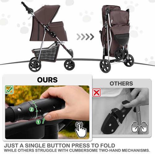 Foldable Dog Strollers for Small Dogs with Weather Cover, 3 Wheels Pet Strolling Cart for Dogs and Cats with Storage Basket and Cup Holder, Breathable and Visible Mesh for All-Season, Coffee