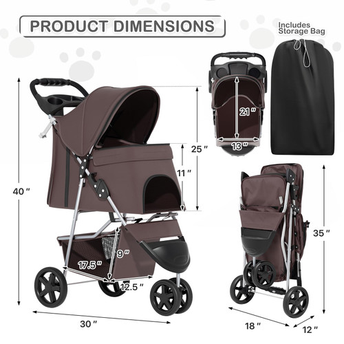 Foldable Dog Strollers for Small Dogs with Weather Cover, 3 Wheels Pet Strolling Cart for Dogs and Cats with Storage Basket and Cup Holder, Breathable and Visible Mesh for All-Season, Coffee