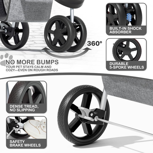 3 Wheels Pet Dog Cat Stroller for Small Medium Dogs and Cats, Lightweight Foldable Jogger Stroller w/Storage Basket and Cup Holder, Gray