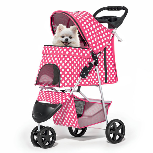 3 Wheels Pet Dog Cat Stroller for Small Medium Dogs Cats, Foldable Jogger Stroller w/Storage Basket and Cup Holder, Hot Pink Polka Dots