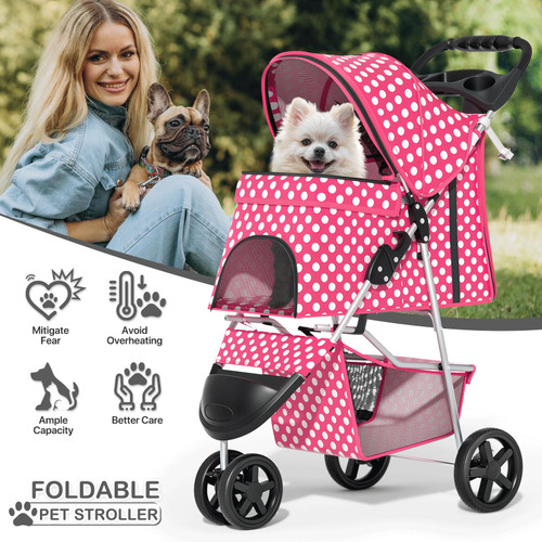3 Wheels Pet Dog Cat Stroller for Small Medium Dogs Cats, Foldable Jogger Stroller w/Storage Basket and Cup Holder, Hot Pink Polka Dots