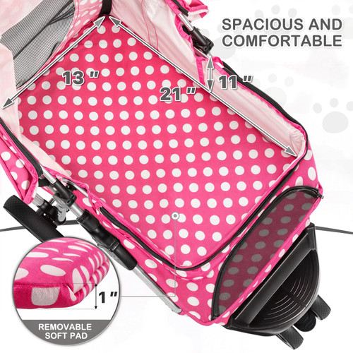 3 Wheels Pet Dog Cat Stroller for Small Medium Dogs Cats, Foldable Jogger Stroller w/Storage Basket and Cup Holder, Hot Pink Polka Dots