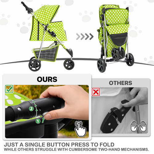 3 Wheels Pet Dog Cat Stroller for Small Medium Dogs Cats, Foldable Jogger Stroller w/Storage Basket and Cup Holder, Lawn Green Polka Dots