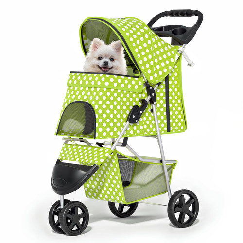 3 Wheels Pet Dog Cat Stroller for Small Medium Dogs Cats, Foldable Jogger Stroller w/Storage Basket and Cup Holder, Lawn Green Polka Dots